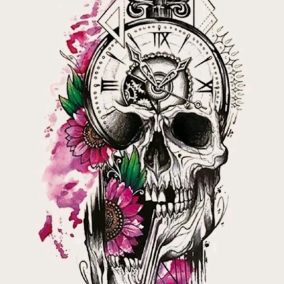 7.5" Skull/Flower/Clock Temporary Tattoo - Picture 3 of 4